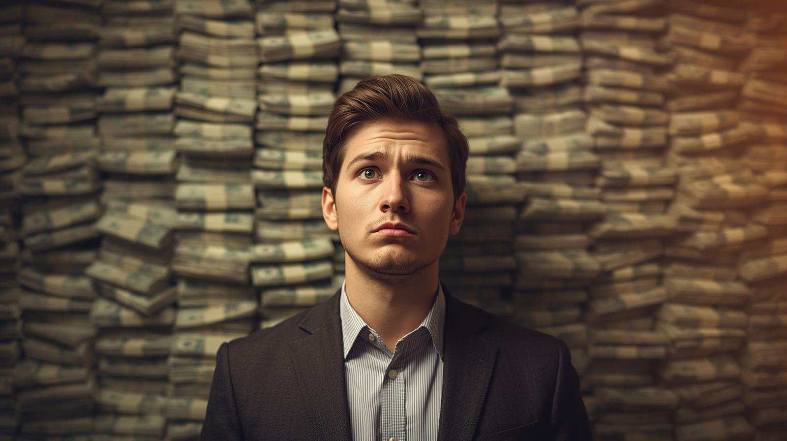 small business owner confused with stack of usd online lender small business funding benefits and risks 1